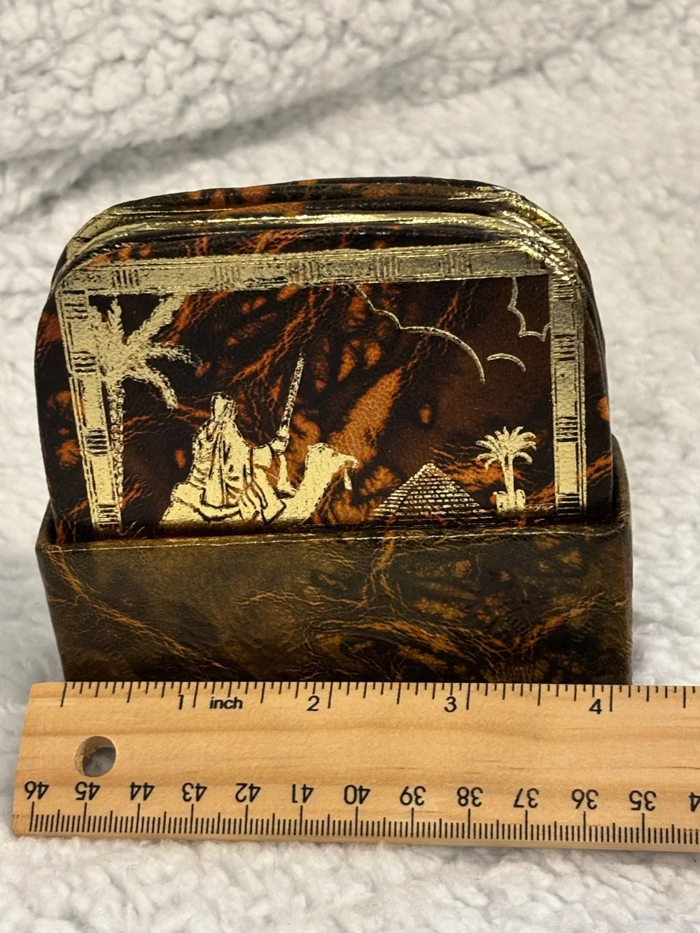 Vintage Egyptian Camel & Pyramid Coaster Set of 6 with Faux Leather Holder